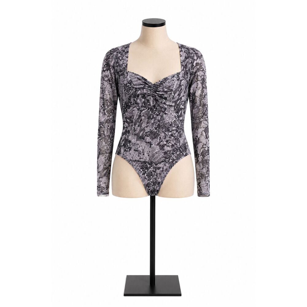 Aqua Bloomingdales Bodysuit Gray XS Polyester Blend Snake Print Sweetheart Neck